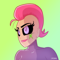 Tegning. Farverig cyborg med pink hår.