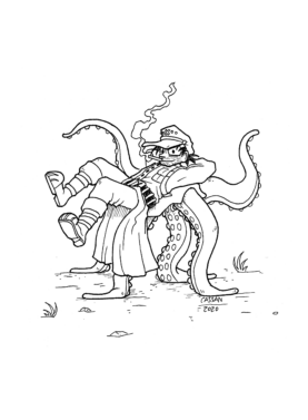 Tegning / illustration af mand, der bliver båret af blæksprutte.