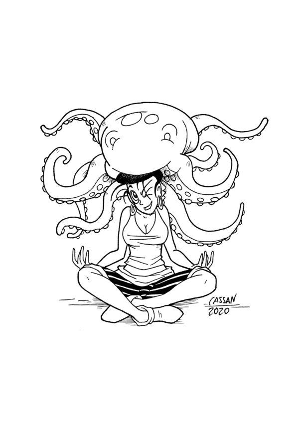 Tegning / illustration kvinde sidder og mediterer mens blæksprutter sidder på hovedet.