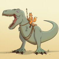 T-rex med en ræv på ryggen.